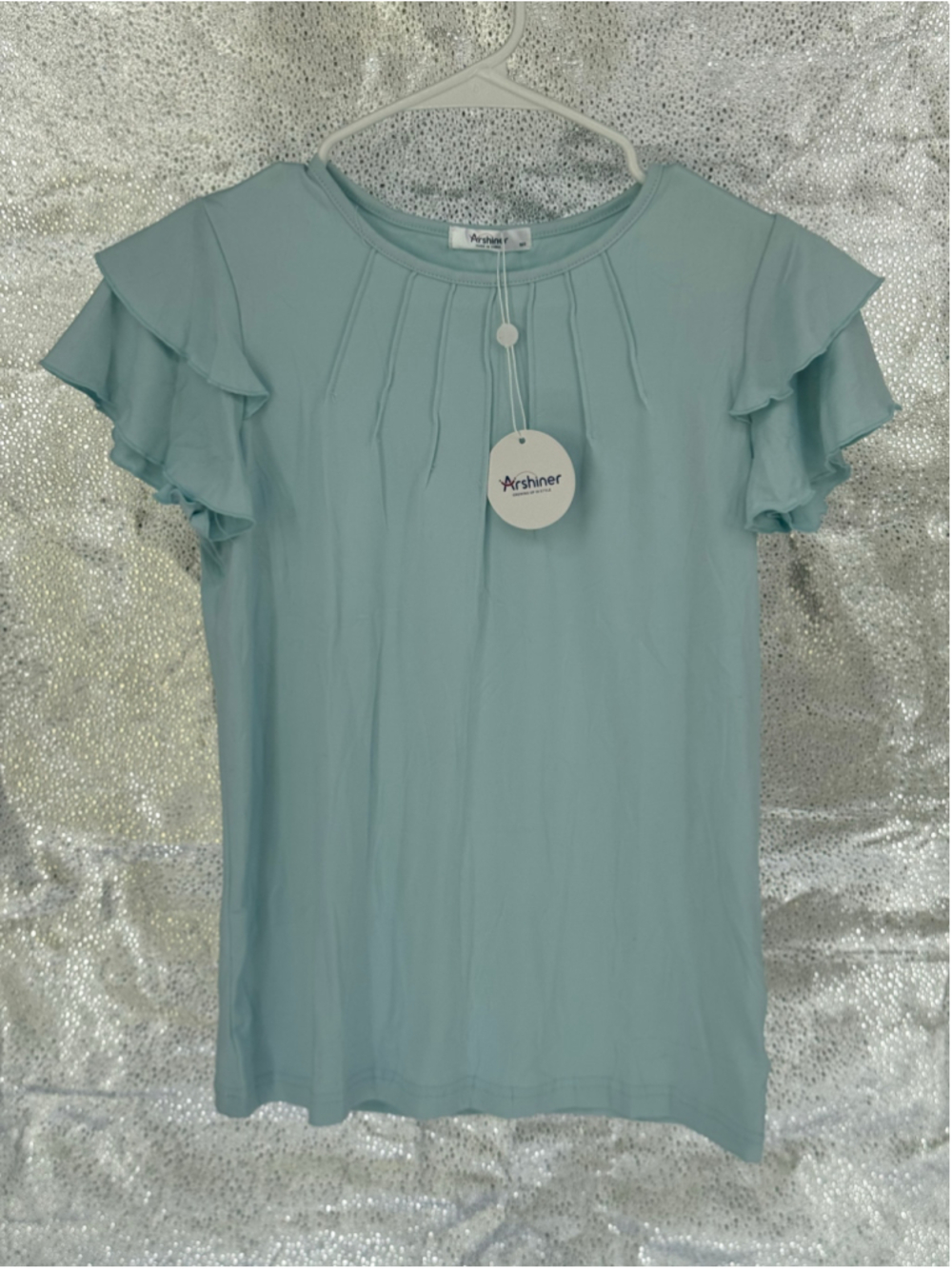 Girls Arshiner Short Sleeve Ruffle Top, Blue, Size 16